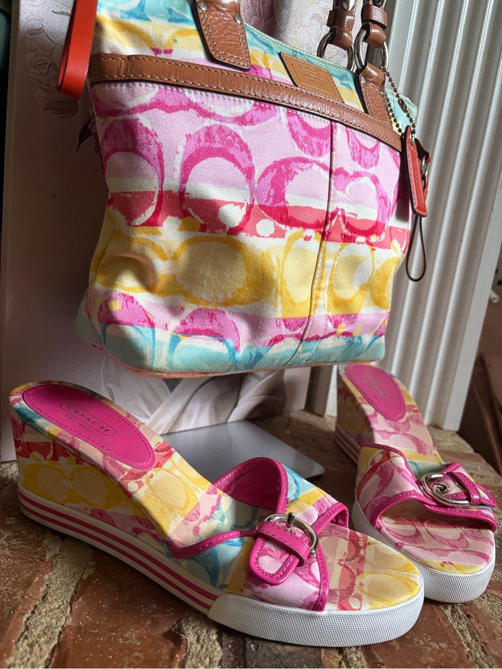 Coach Hamptons Weekend tote ft. a multicolored watercolor canvas w/ Shoes - Picture 6 of 15